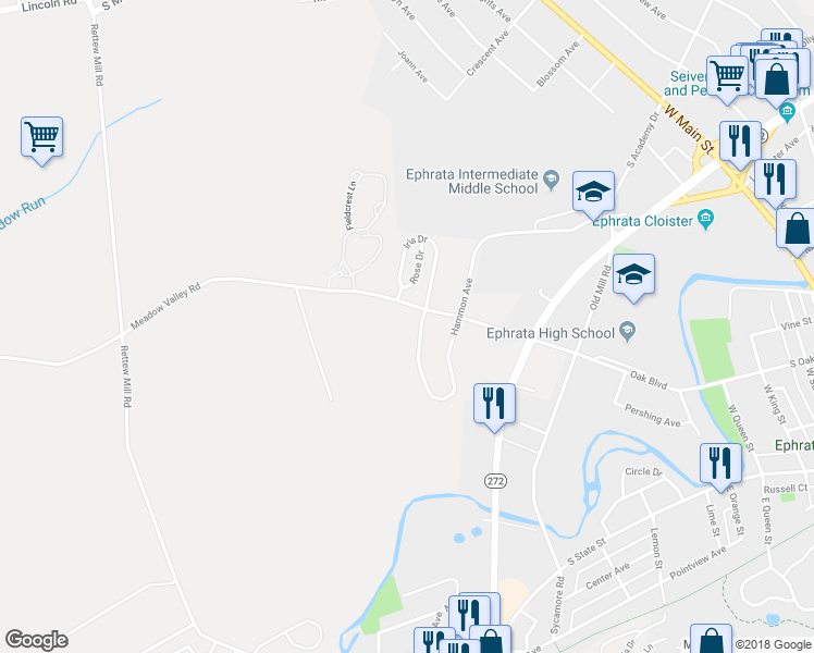 map of restaurants, bars, coffee shops, grocery stores, and more near 1350 Hammon Avenue in Ephrata