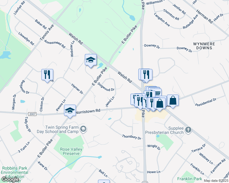 map of restaurants, bars, coffee shops, grocery stores, and more near 441 Dogwood Drive in Maple Glen