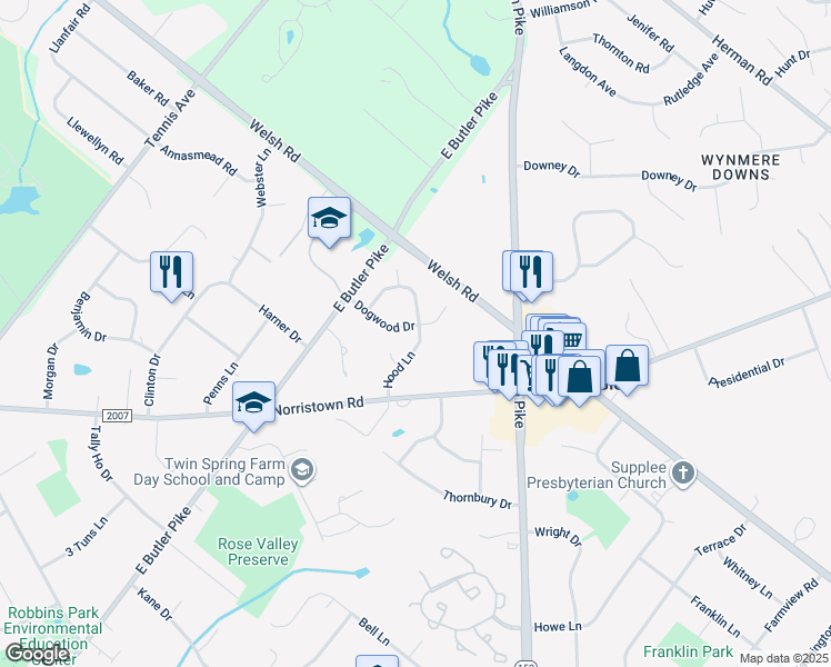 map of restaurants, bars, coffee shops, grocery stores, and more near 441 Dogwood Drive in Ambler