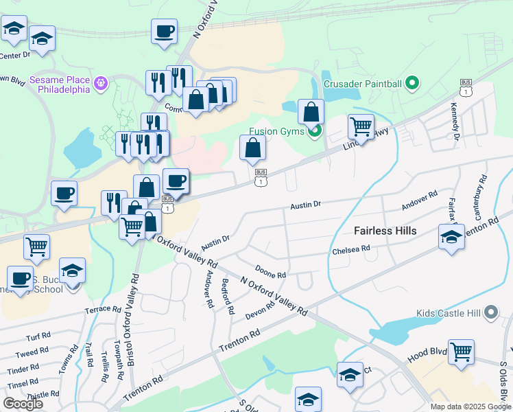 map of restaurants, bars, coffee shops, grocery stores, and more near 249 Austin Drive in Fairless Hills