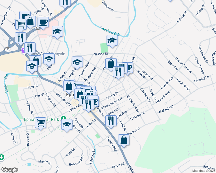 map of restaurants, bars, coffee shops, grocery stores, and more near 204 Duke Street in Ephrata