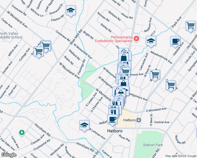 map of restaurants, bars, coffee shops, grocery stores, and more near 32 Broad Street in Hatboro
