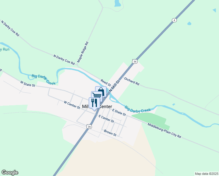 map of restaurants, bars, coffee shops, grocery stores, and more near 82 North Mill Street in Milford Center