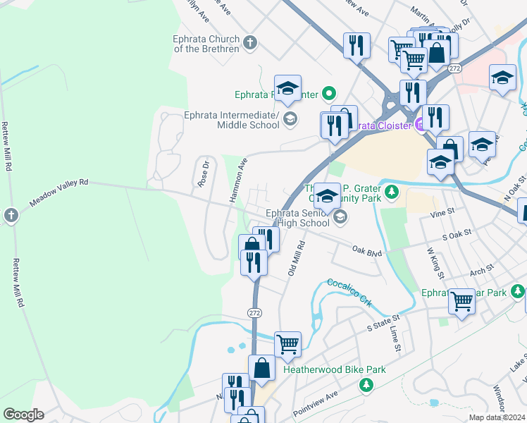 map of restaurants, bars, coffee shops, grocery stores, and more near 105 Meadow Valley Road in Ephrata