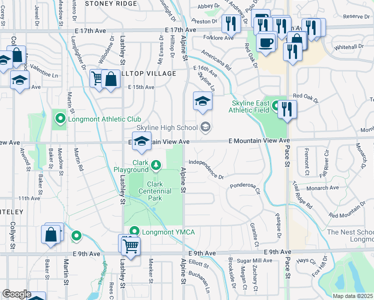 map of restaurants, bars, coffee shops, grocery stores, and more near 1228 Alpine Street in Longmont