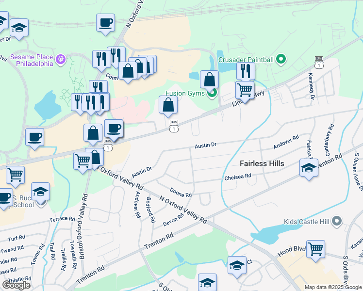 map of restaurants, bars, coffee shops, grocery stores, and more near 259 Austin Drive in Fairless Hills