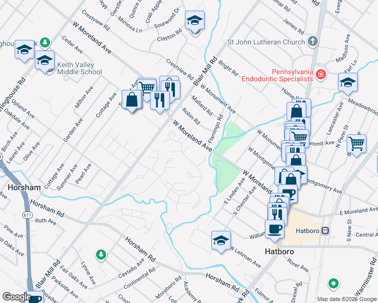 map of restaurants, bars, coffee shops, grocery stores, and more near 208 Village Drive in Horsham
