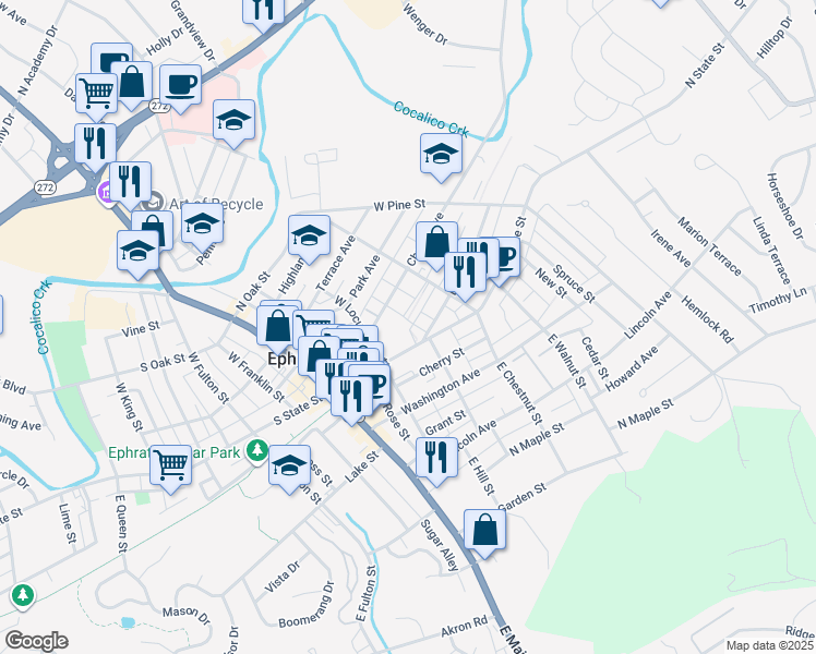 map of restaurants, bars, coffee shops, grocery stores, and more near 136 North State Street in Ephrata