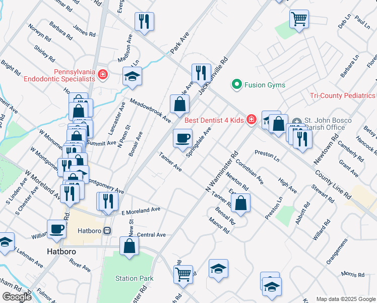map of restaurants, bars, coffee shops, grocery stores, and more near 322 Springdale Avenue in Hatboro