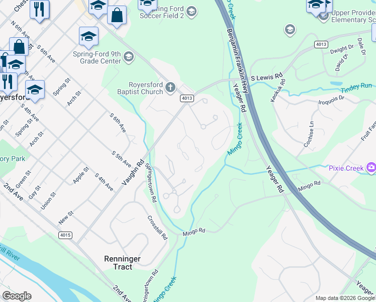 map of restaurants, bars, coffee shops, grocery stores, and more near 56 Providence Forge Road in Royersford