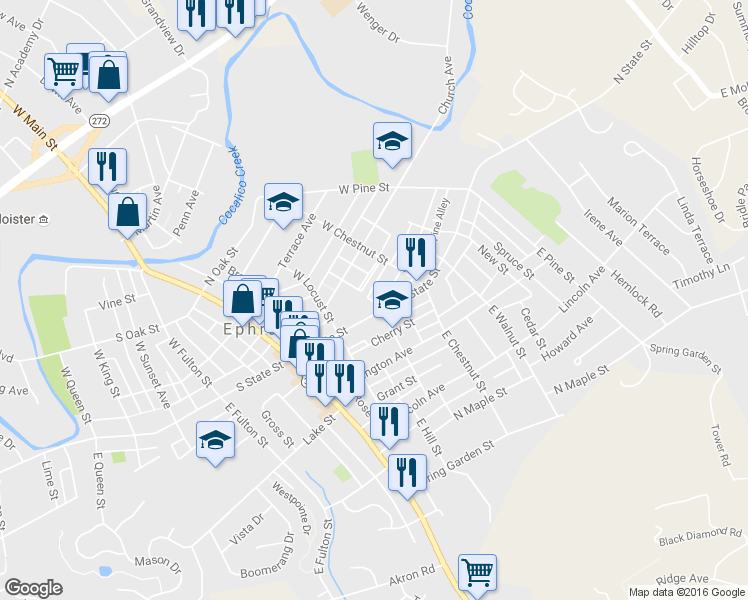 map of restaurants, bars, coffee shops, grocery stores, and more near 204 Duke Street in Ephrata