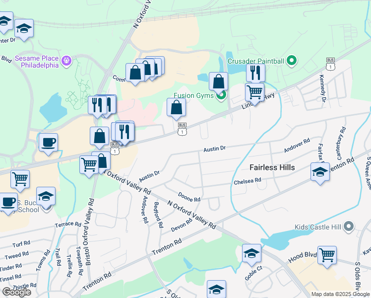 map of restaurants, bars, coffee shops, grocery stores, and more near 255 Austin Drive in Fairless Hills