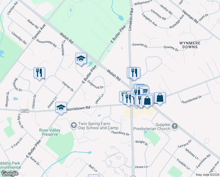 map of restaurants, bars, coffee shops, grocery stores, and more near 517 Dogwood Drive in Maple Glen