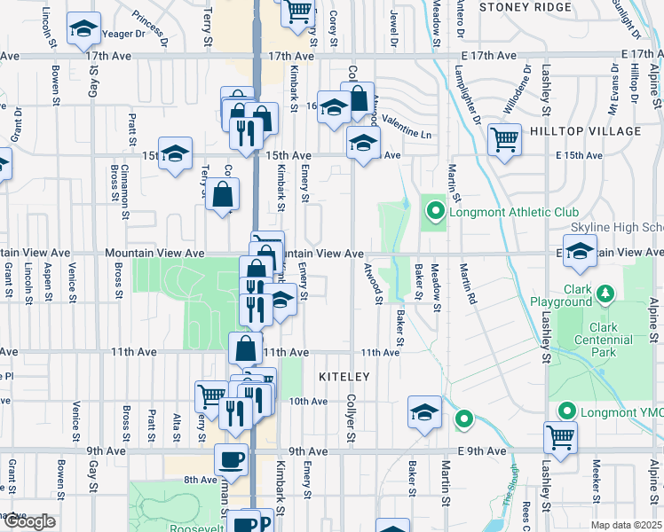 map of restaurants, bars, coffee shops, grocery stores, and more near 320 Columbine Place in Longmont