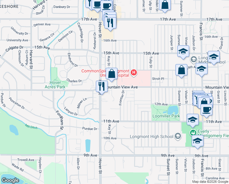 map of restaurants, bars, coffee shops, grocery stores, and more near 1230 Hunter Court in Longmont