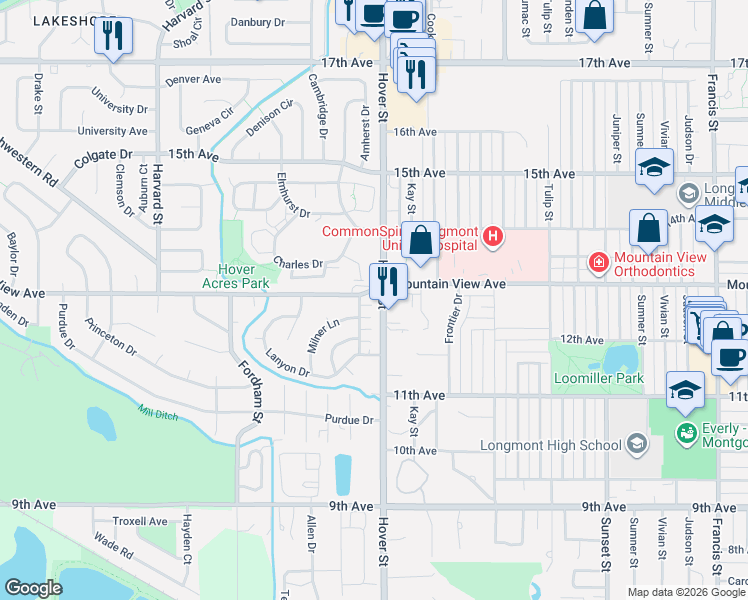 map of restaurants, bars, coffee shops, grocery stores, and more near 1263 Milner Lane in Longmont