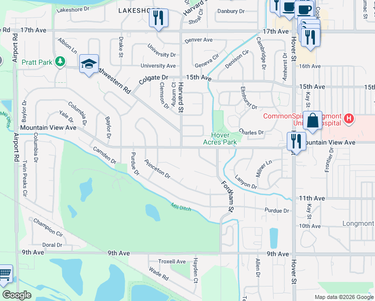 map of restaurants, bars, coffee shops, grocery stores, and more near 2745 Grinnell Drive in Longmont