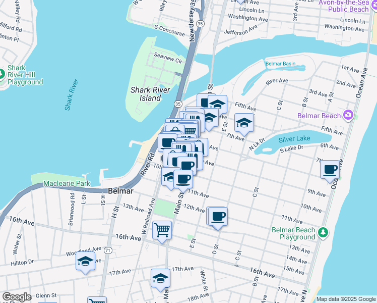 map of restaurants, bars, coffee shops, grocery stores, and more near 810 Main Street in Belmar