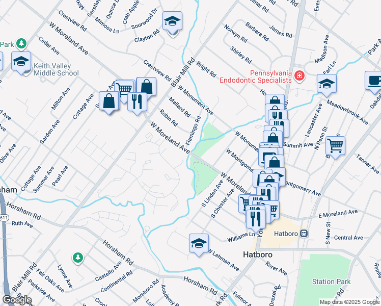 map of restaurants, bars, coffee shops, grocery stores, and more near 204 Parry Lane in Horsham