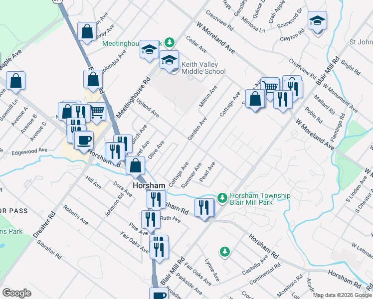 map of restaurants, bars, coffee shops, grocery stores, and more near 310 Garden Avenue in Horsham