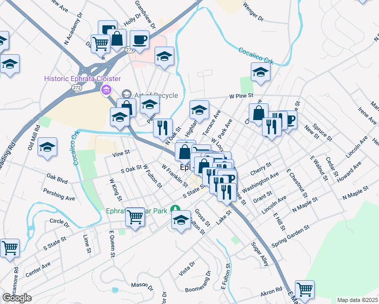 map of restaurants, bars, coffee shops, grocery stores, and more near 117a West Main Street in Ephrata