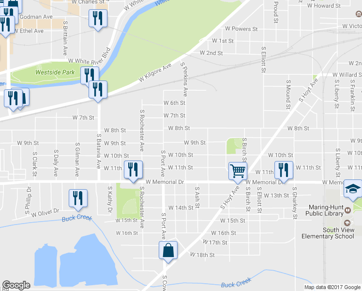 map of restaurants, bars, coffee shops, grocery stores, and more near 1512 West 10th Street in Muncie