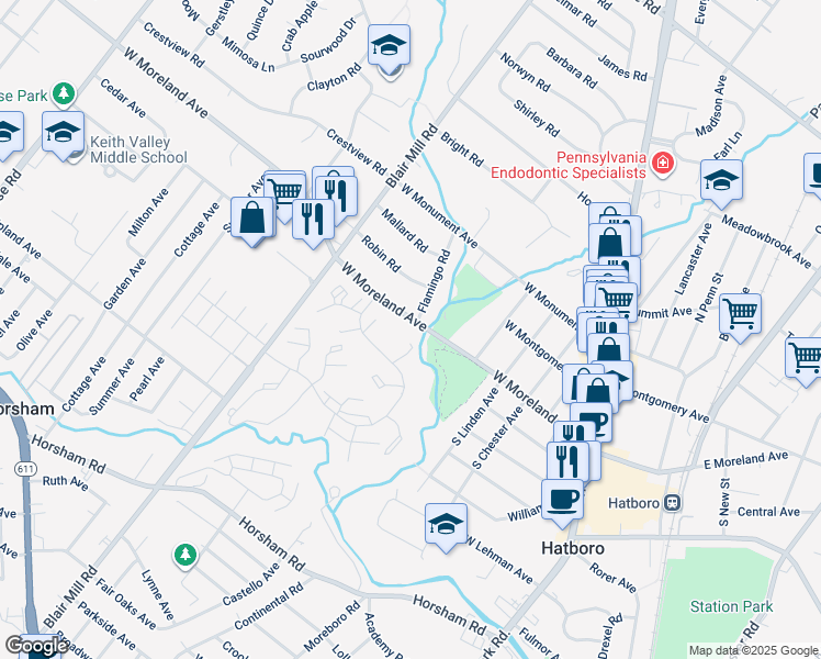 map of restaurants, bars, coffee shops, grocery stores, and more near 204 Parry Lane in Horsham
