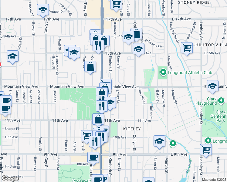 map of restaurants, bars, coffee shops, grocery stores, and more near 1200 Kimbark Street in Longmont