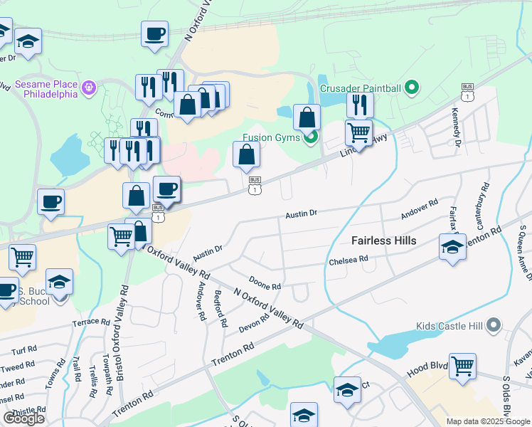 map of restaurants, bars, coffee shops, grocery stores, and more near 259 Austin Drive in Fairless Hills