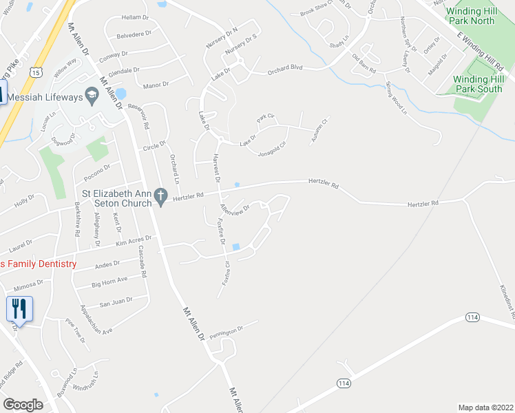 map of restaurants, bars, coffee shops, grocery stores, and more near 707 Allenview Drive in Mechanicsburg