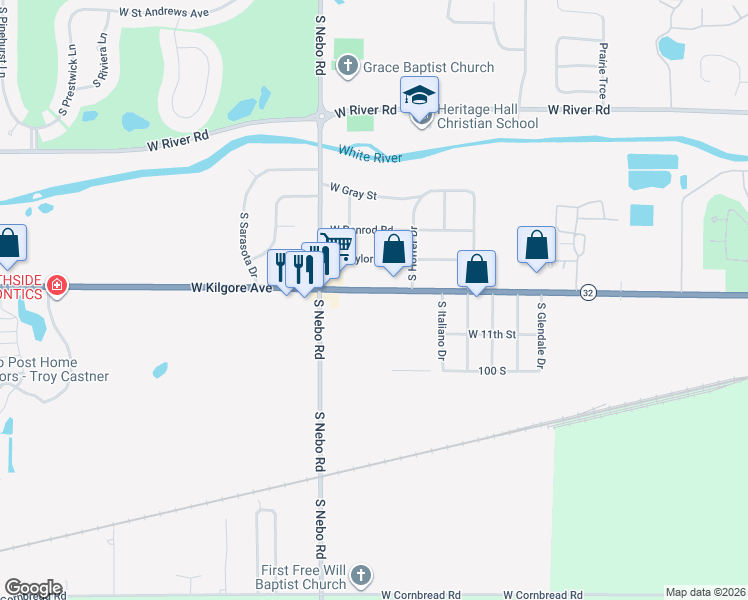 map of restaurants, bars, coffee shops, grocery stores, and more near 6259 West Kilgore Avenue in Muncie