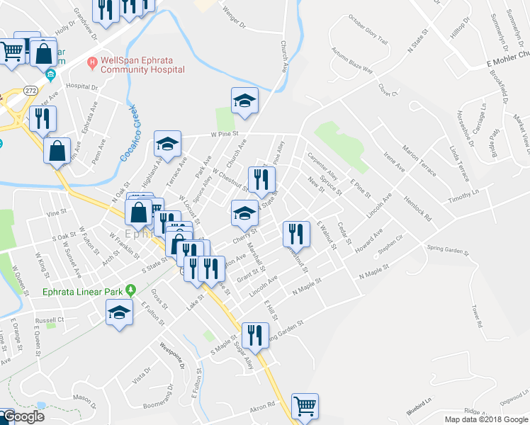 map of restaurants, bars, coffee shops, grocery stores, and more near 245 North State Street in Ephrata