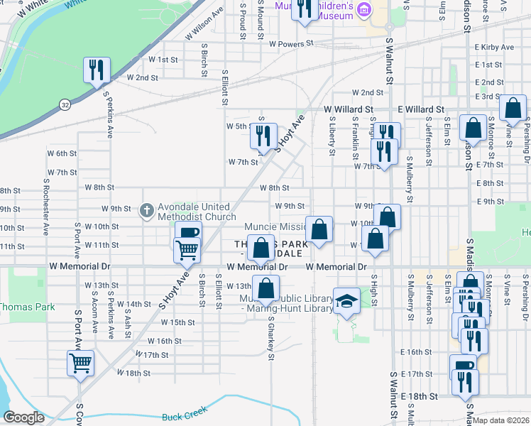 map of restaurants, bars, coffee shops, grocery stores, and more near 1616 South Gharkey Street in Muncie