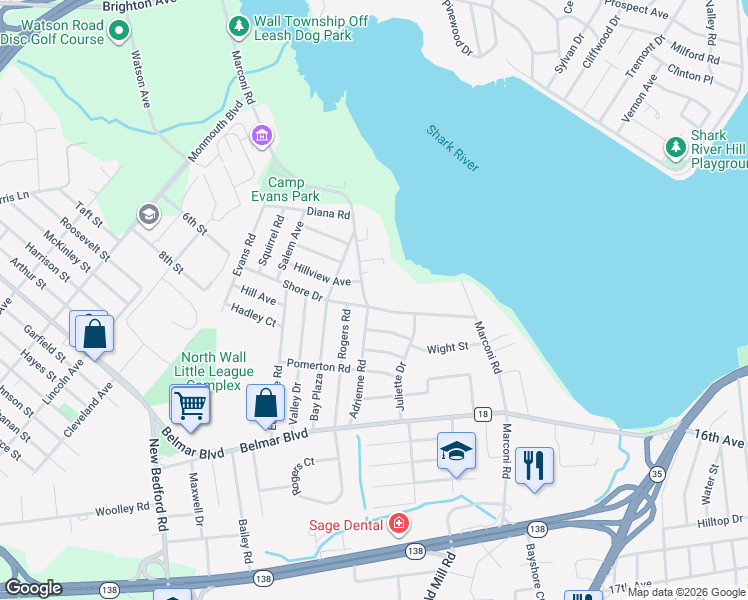 map of restaurants, bars, coffee shops, grocery stores, and more near 1403 Adrienne Road in Monmouth County