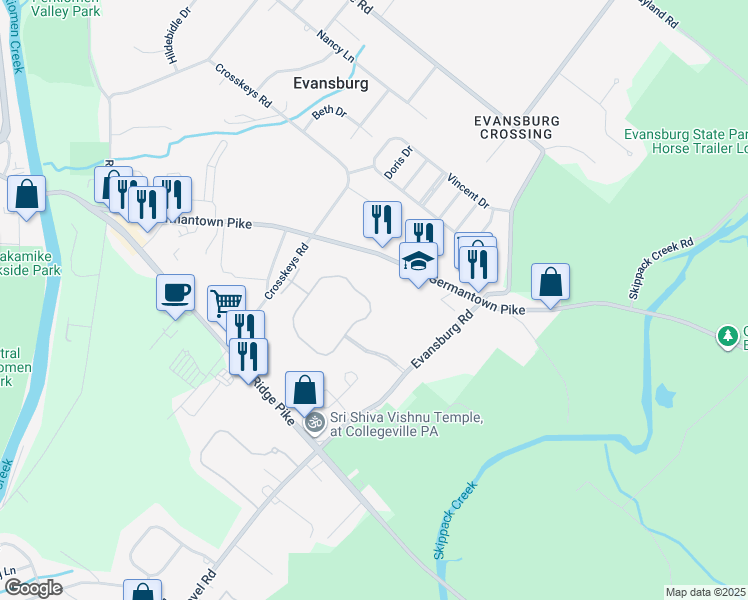 map of restaurants, bars, coffee shops, grocery stores, and more near 1021 Greenes Way Circle in Collegeville