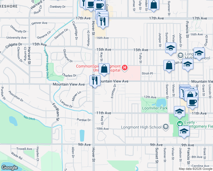 map of restaurants, bars, coffee shops, grocery stores, and more near 1230 Hunter Court in Longmont