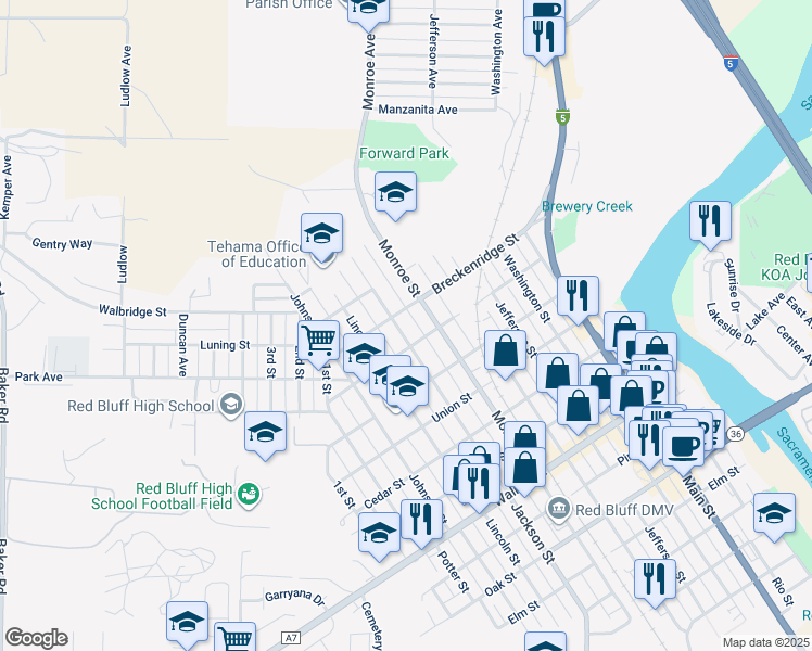 map of restaurants, bars, coffee shops, grocery stores, and more near 1336 Jackson Street in Red Bluff