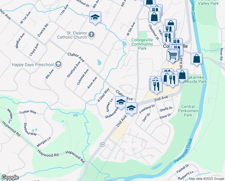 map of restaurants, bars, coffee shops, grocery stores, and more near 520 Shakespeare Drive in Collegeville