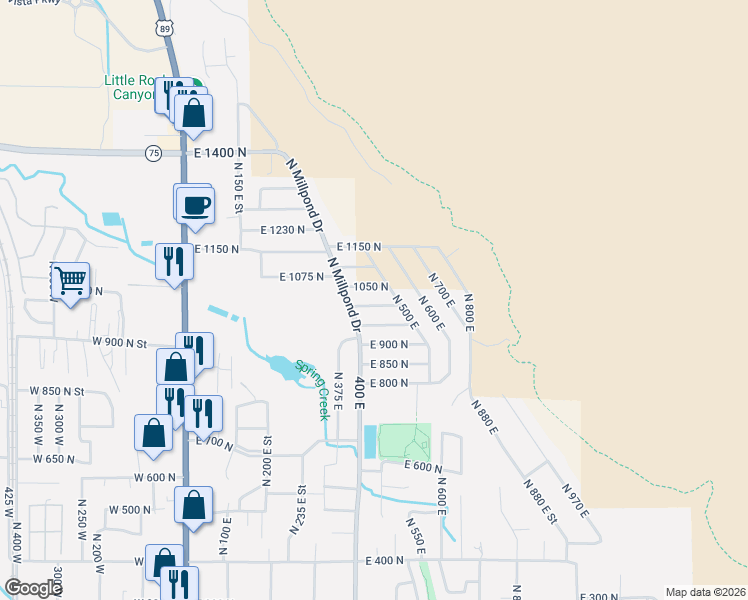 map of restaurants, bars, coffee shops, grocery stores, and more near 410 East 1000 North in Springville