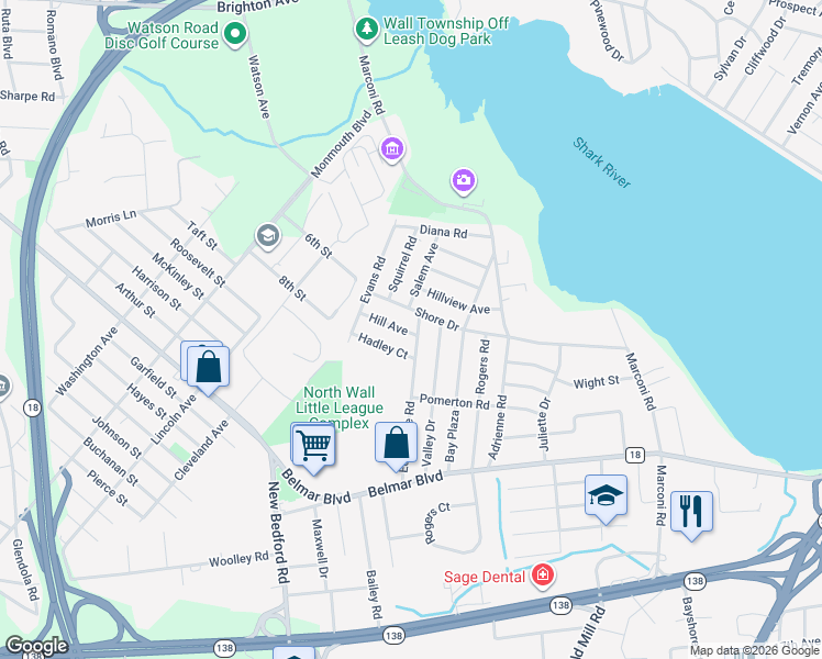 map of restaurants, bars, coffee shops, grocery stores, and more near 1410 Edgemere Road in Monmouth County