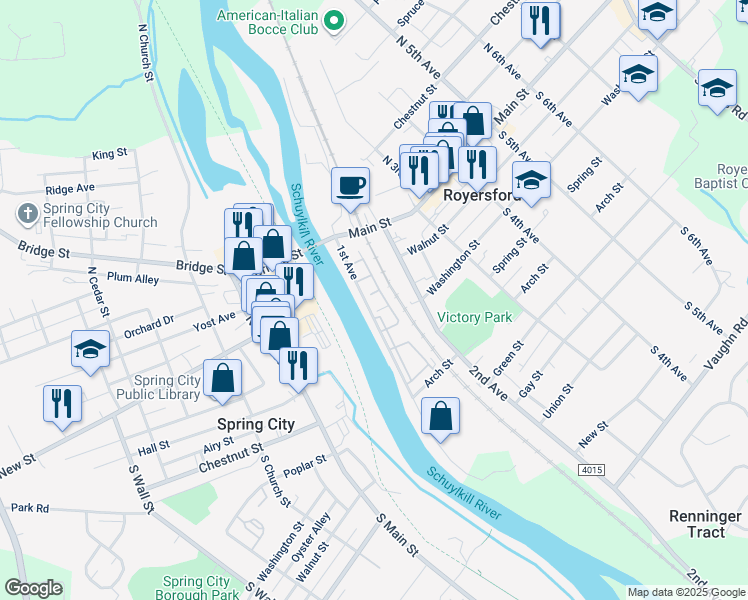 map of restaurants, bars, coffee shops, grocery stores, and more near 82 Hannah Court in Royersford