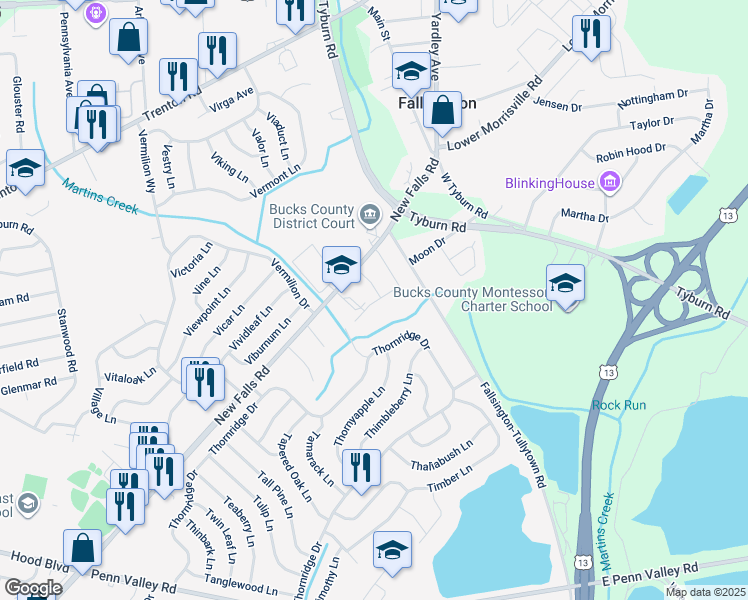 map of restaurants, bars, coffee shops, grocery stores, and more near 9172 New Falls Rd in Levittown