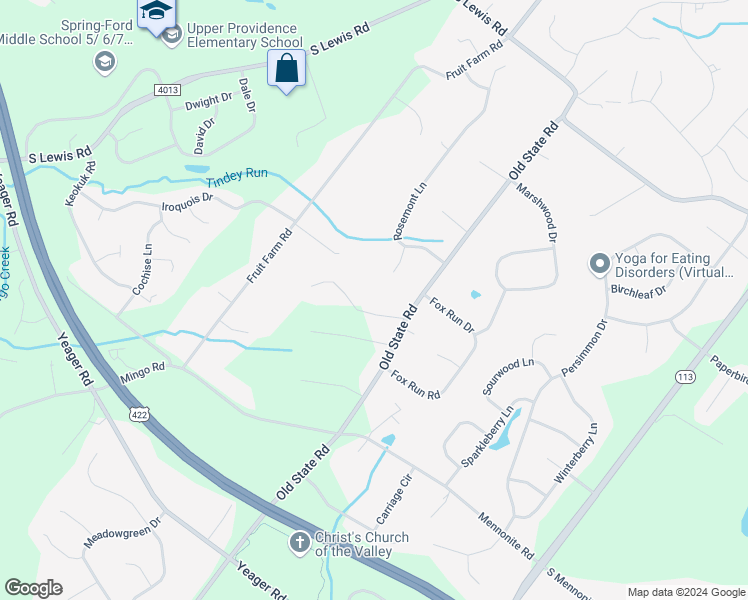 map of restaurants, bars, coffee shops, grocery stores, and more near 4 Hawkeye Drive in Royersford