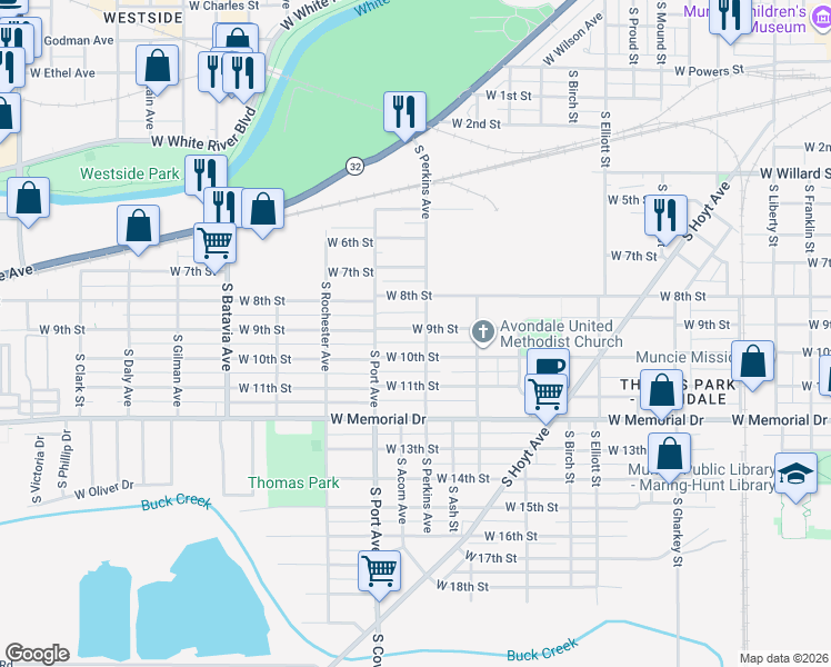 map of restaurants, bars, coffee shops, grocery stores, and more near 1512 West 10th Street in Muncie