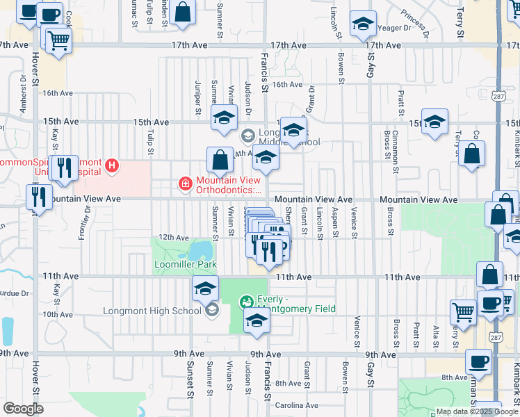 map of restaurants, bars, coffee shops, grocery stores, and more near 1245 Francis Street in Longmont