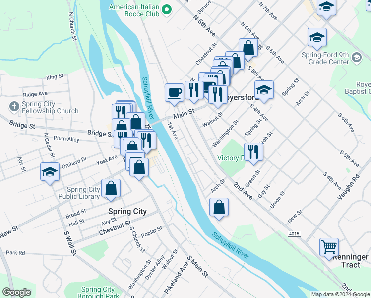 map of restaurants, bars, coffee shops, grocery stores, and more near 82 Hannah Court in Royersford