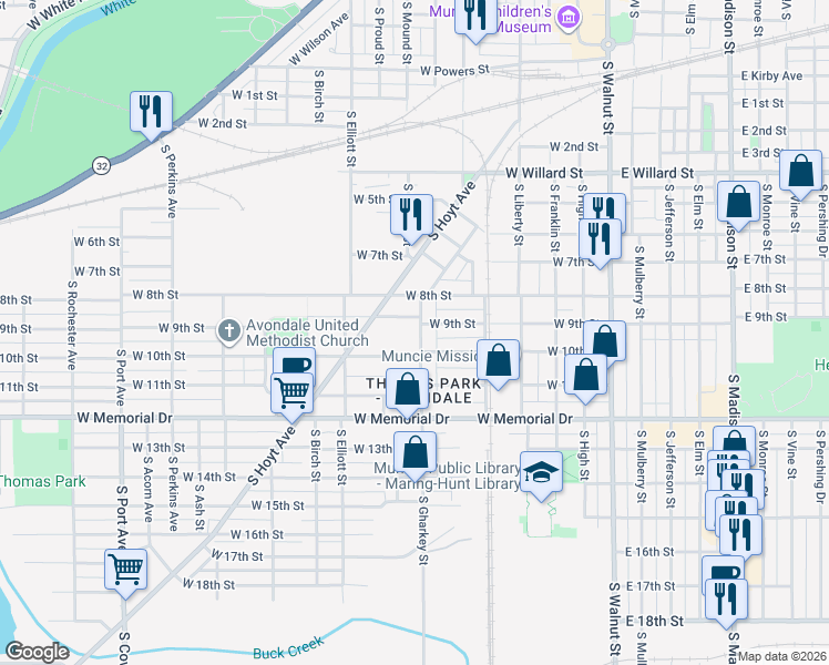map of restaurants, bars, coffee shops, grocery stores, and more near 1616 South Gharkey Street in Muncie