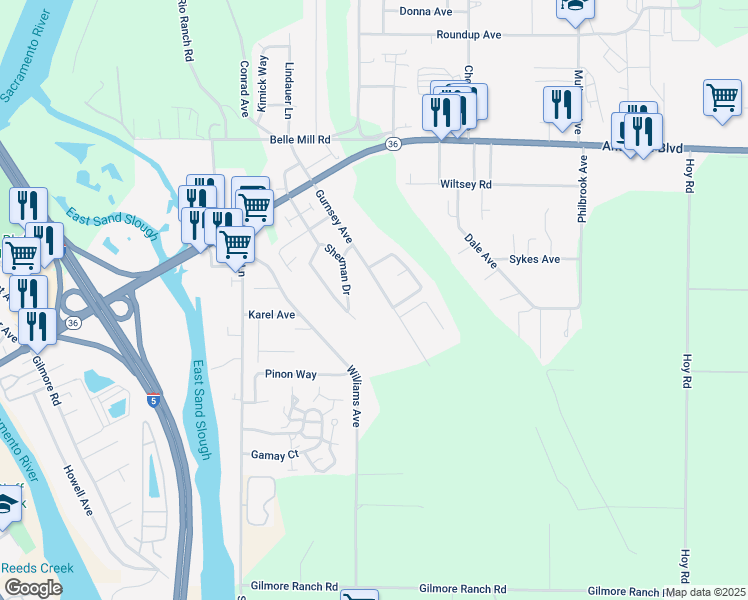 map of restaurants, bars, coffee shops, grocery stores, and more near 123 Gurnsey Avenue in Red Bluff