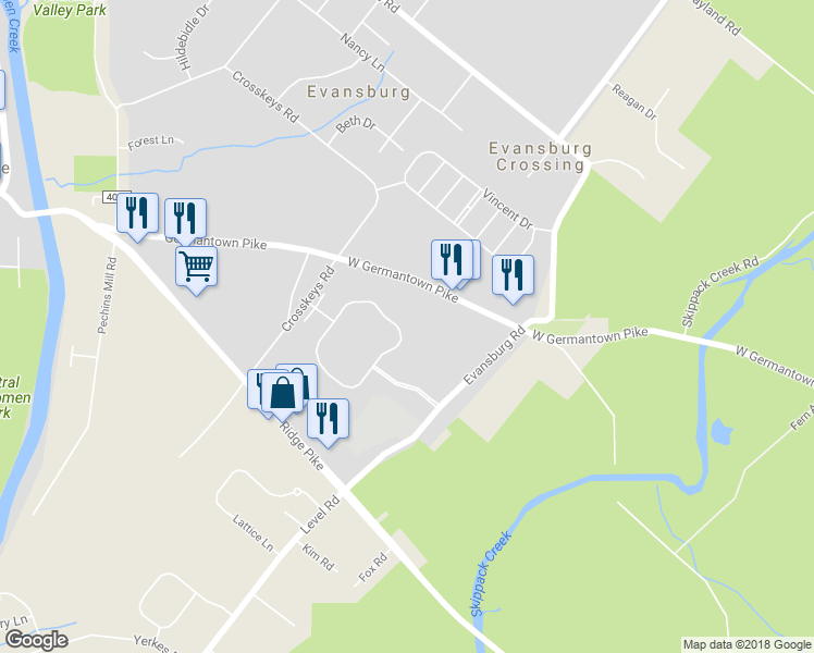 map of restaurants, bars, coffee shops, grocery stores, and more near 1021 Greenes Way Circle in Collegeville