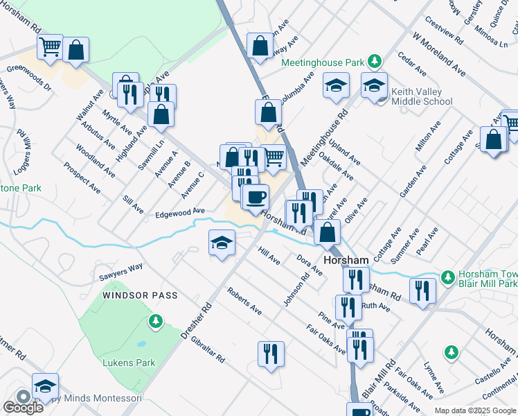 map of restaurants, bars, coffee shops, grocery stores, and more near 301 Horsham Road in Horsham